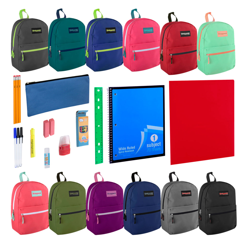 Trailmaker Backpack And 20-Piece School Supply Set, Assorted Colors, Pack Of 24 Sets