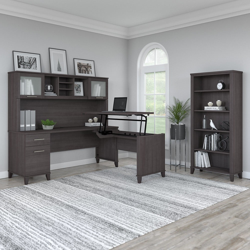 Bush Furniture Somerset 72inW 3-Position Sit-To-Stand L-Shaped Desk With Hutch And Bookcase, Storm Gray, Standard Delivery