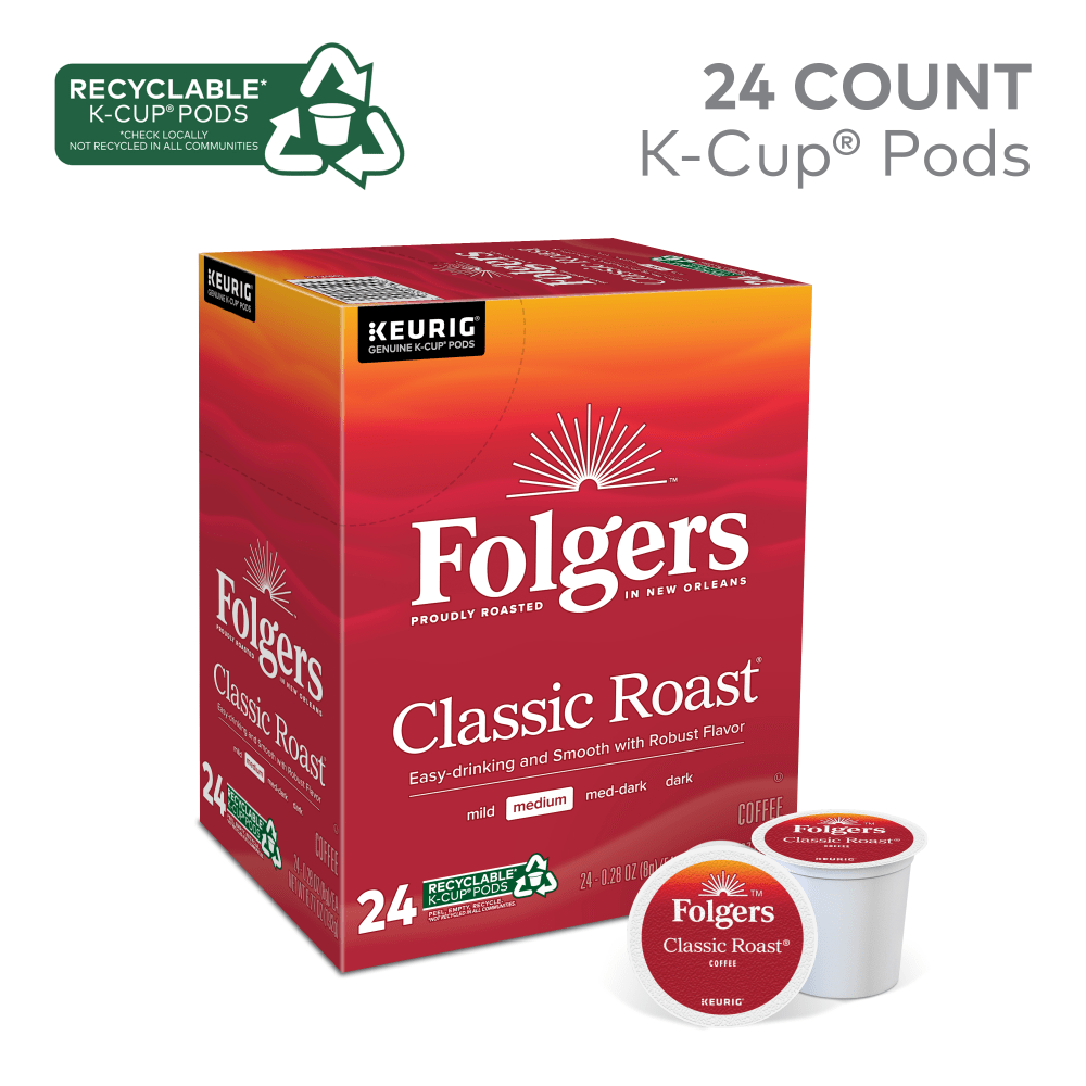 Folgers Single-Serve Coffee K-Cup Pods, Classic Roast, Carton Of 24