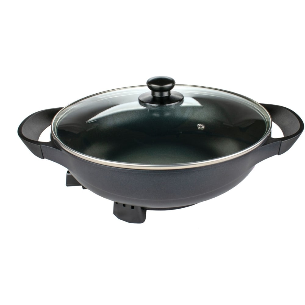 Brentwood 3-Inch Non-Stick Flat Bottom Electric Wok Skillet with Vented Glass Lid, Black - 13in Width x 17.50in Length - 450 deg.F (232.2 deg.C) - 1400 W