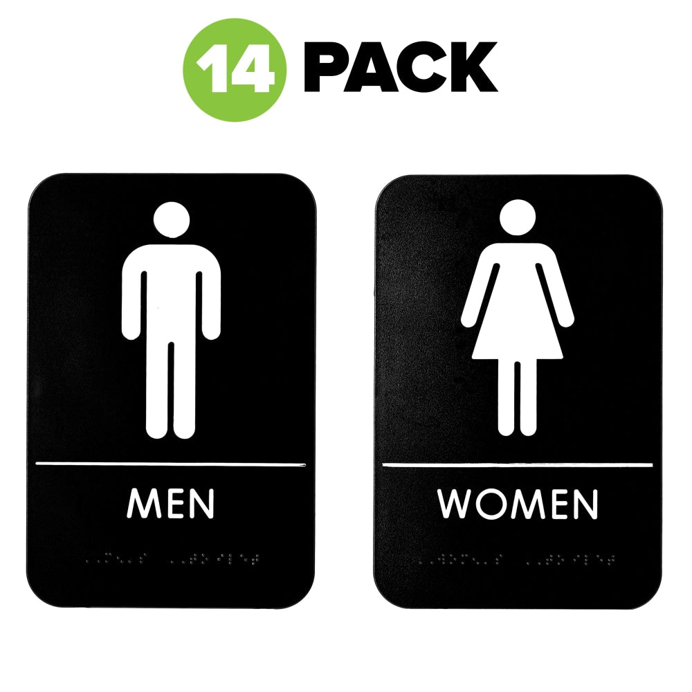 Alpine Men And Women Restroom Signs, 9in x 6in, Black/White, Pack Of 14 Signs