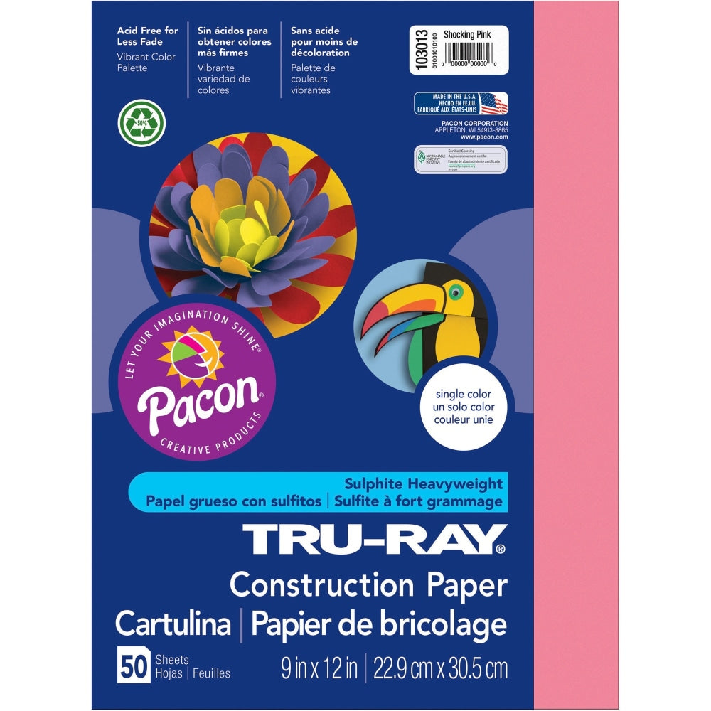 Tru-Ray Construction Paper, 50% Recycled, 9in x 12in, Shocking Pink, Pack Of 50