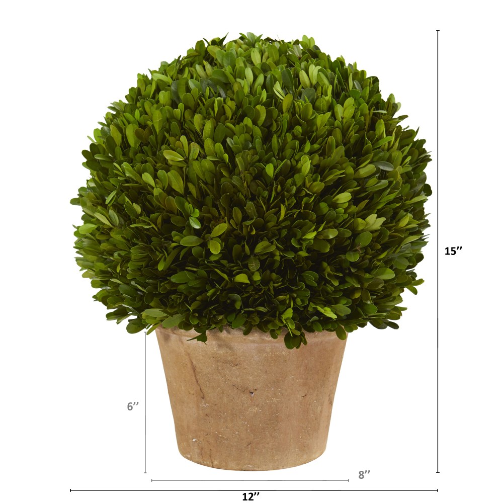 Nearly Natural Boxwood Ball 15inH Plastic Preserved Plant With Planter, 15inH x 12inW x 12inD, Green