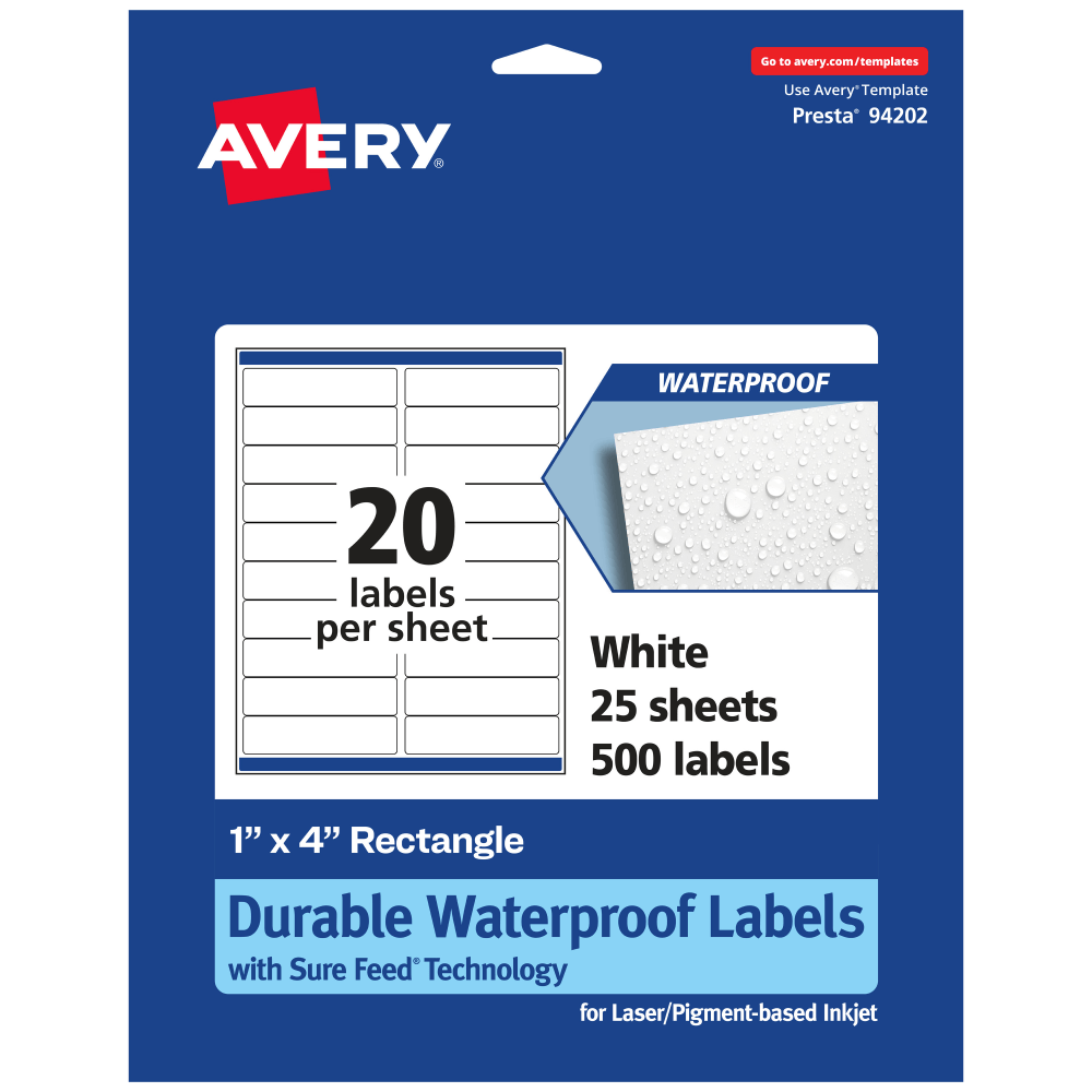 Avery Waterproof Permanent Labels With Sure Feed, 94202-WMF25, Rectangle, 1in x 4in, White, Pack Of 500