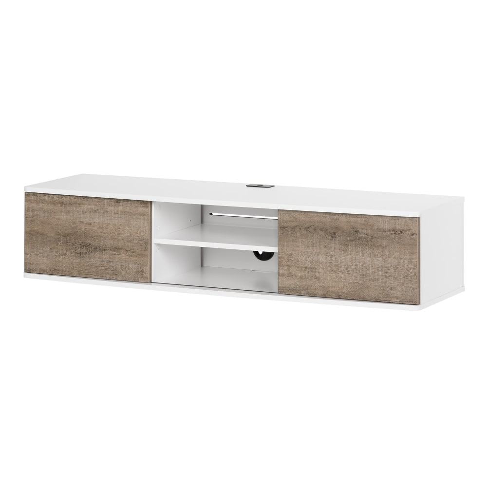 South Shore Agora Wall-Mounted Media Console, 11-1/2inH x 57inW x 17-3/4inD, Pure White/Weathered Oak