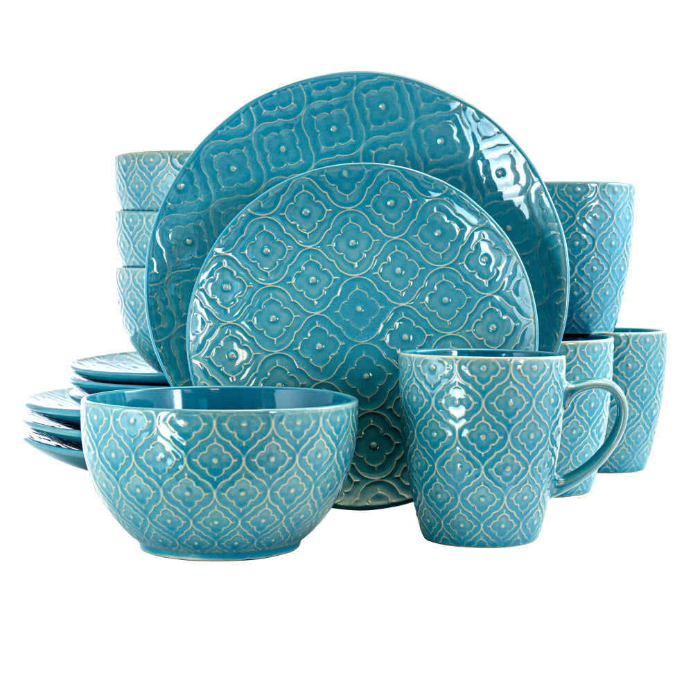 Elama 16-Piece Stoneware Dinnerware Set, Aqua Lily