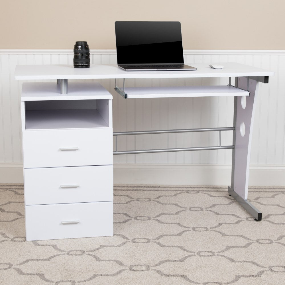 Flash Furniture 48inW Computer Desk With 3-Drawer Single Pedestal, White