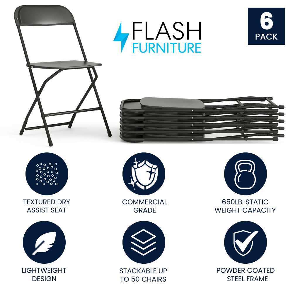 Flash Furniture Hercules Series Plastic Folding Chairs, Black, Set Of 6 Chairs