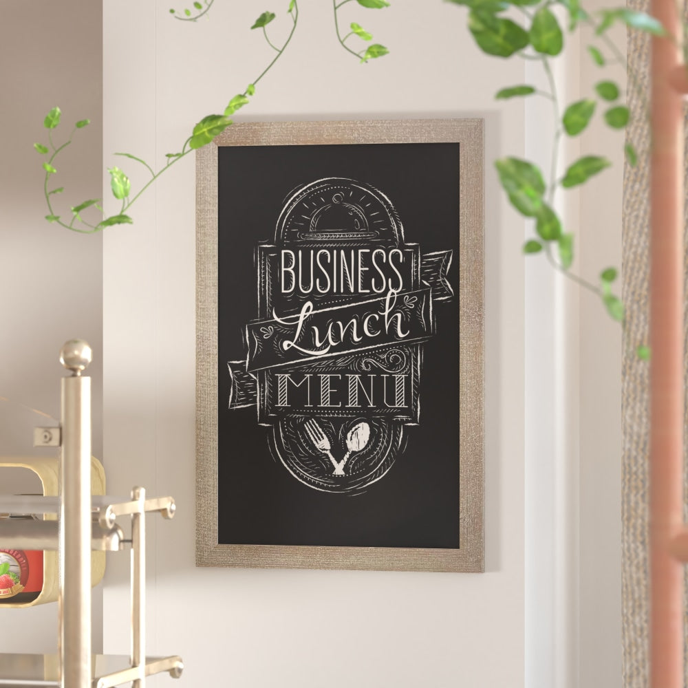 Flash Furniture Canterbury Wall-Mounted Magnetic Chalkboard Sign With Eraser, Porcelain Steel, 36inH x 24inW x 3/4inD, Weathered Brown Frame