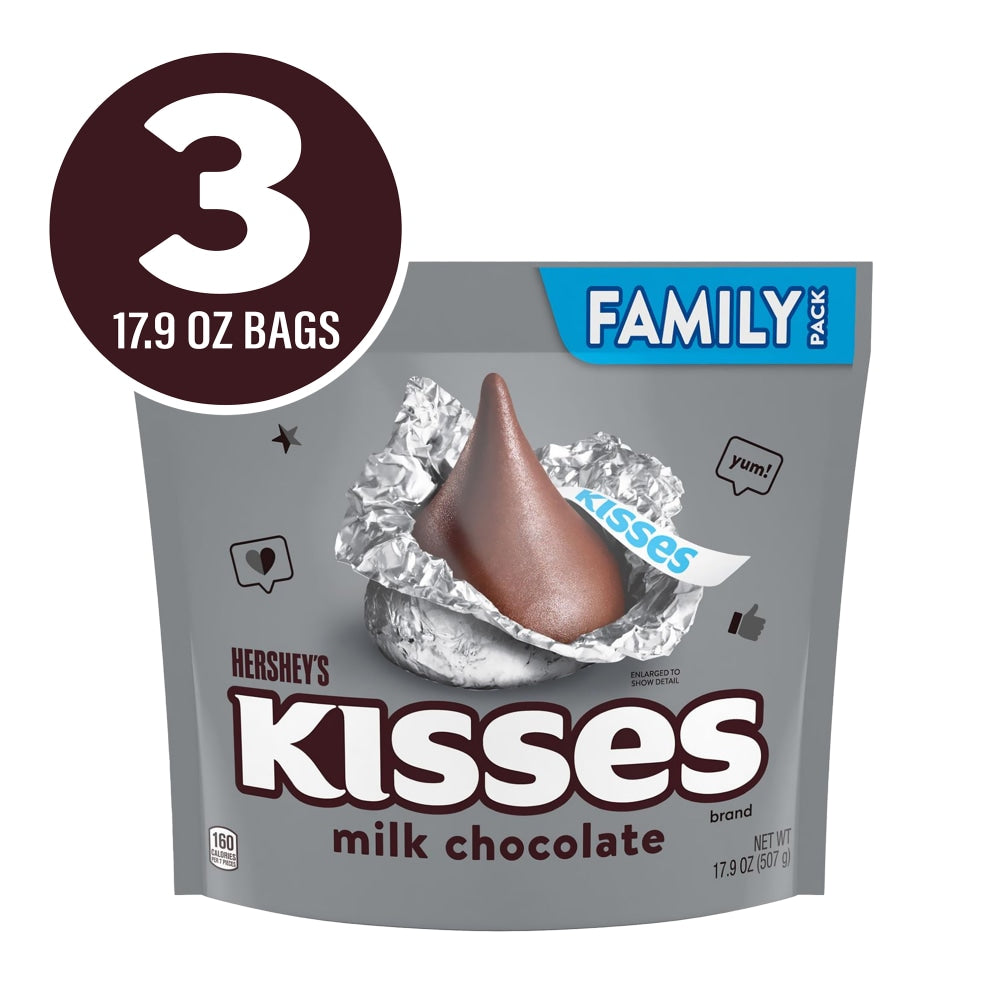 KISSES Hersheys Milk Chocolate Family Pack Stand Up Bags, 17.9 Oz, Pack Of 3 Bags