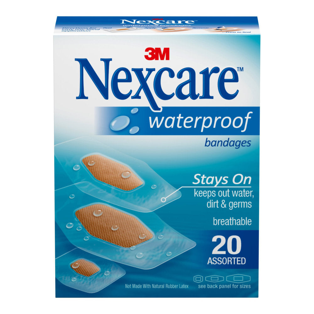 3M Nexcare Waterproof Bandages, Assorted Sizes, Box Of 20