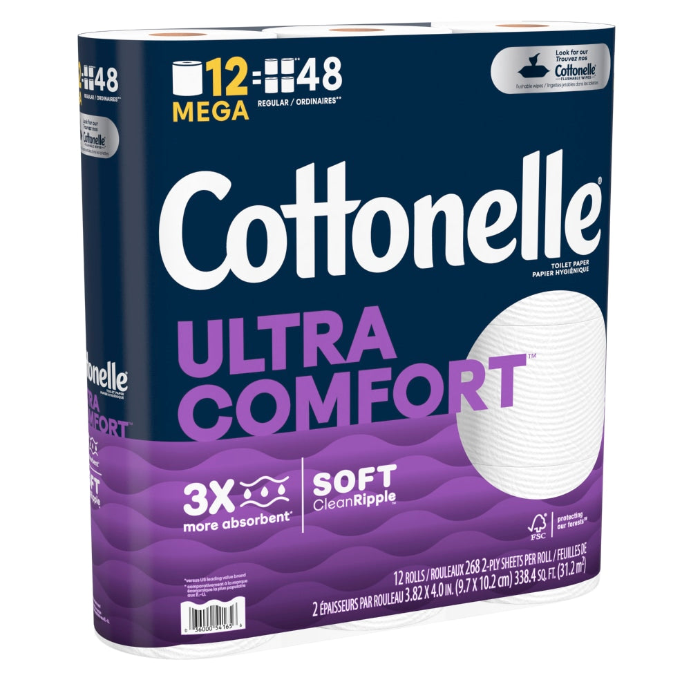 Cottonelle UltraComfort 2-Ply Bath Tissue, 3-7/8in x 4in, White, 268 Sheets Per Roll, Pack Of 12 Rolls