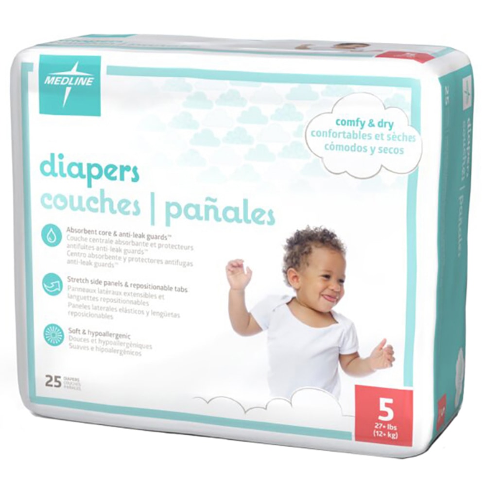 Medline Disposable Baby Diapers, Size 5, 27+ Lb, White, 25 Diapers Per Pack, Case Of 8 Packs