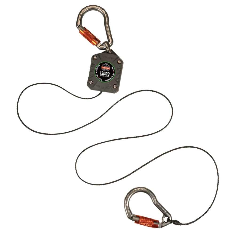 Ergodyne Squids 3003 Retractable Tool Lanyard With Dual Locking Carabiners, 48in, Gray