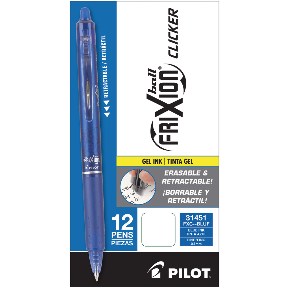 Pilot FriXion Clicker Erasable Gel Pens, Fine Point, 0.7 mm, Blue Barrel, Blue Ink, Pack Of 12 Pens