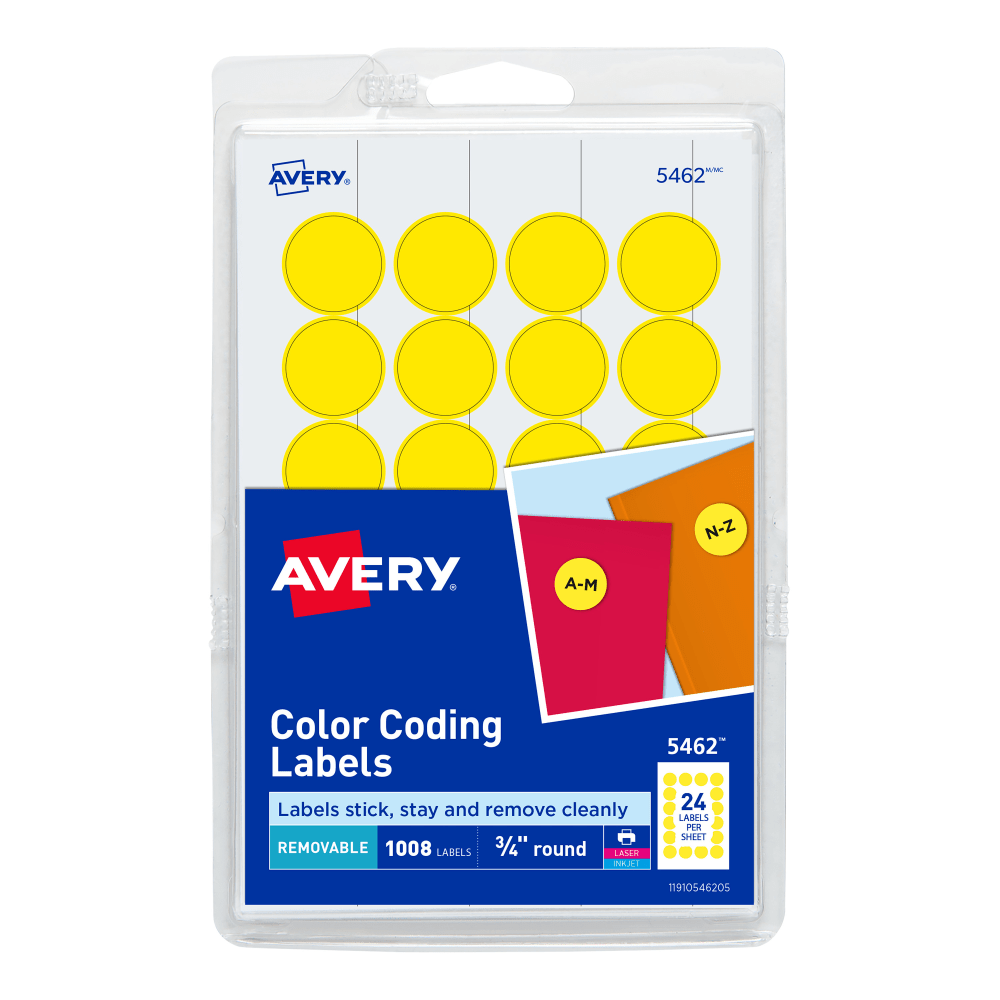 Avery Removable Color-Coding Labels, 5462, Round, 3/4in Diameter, Yellow, Pack Of 1,008