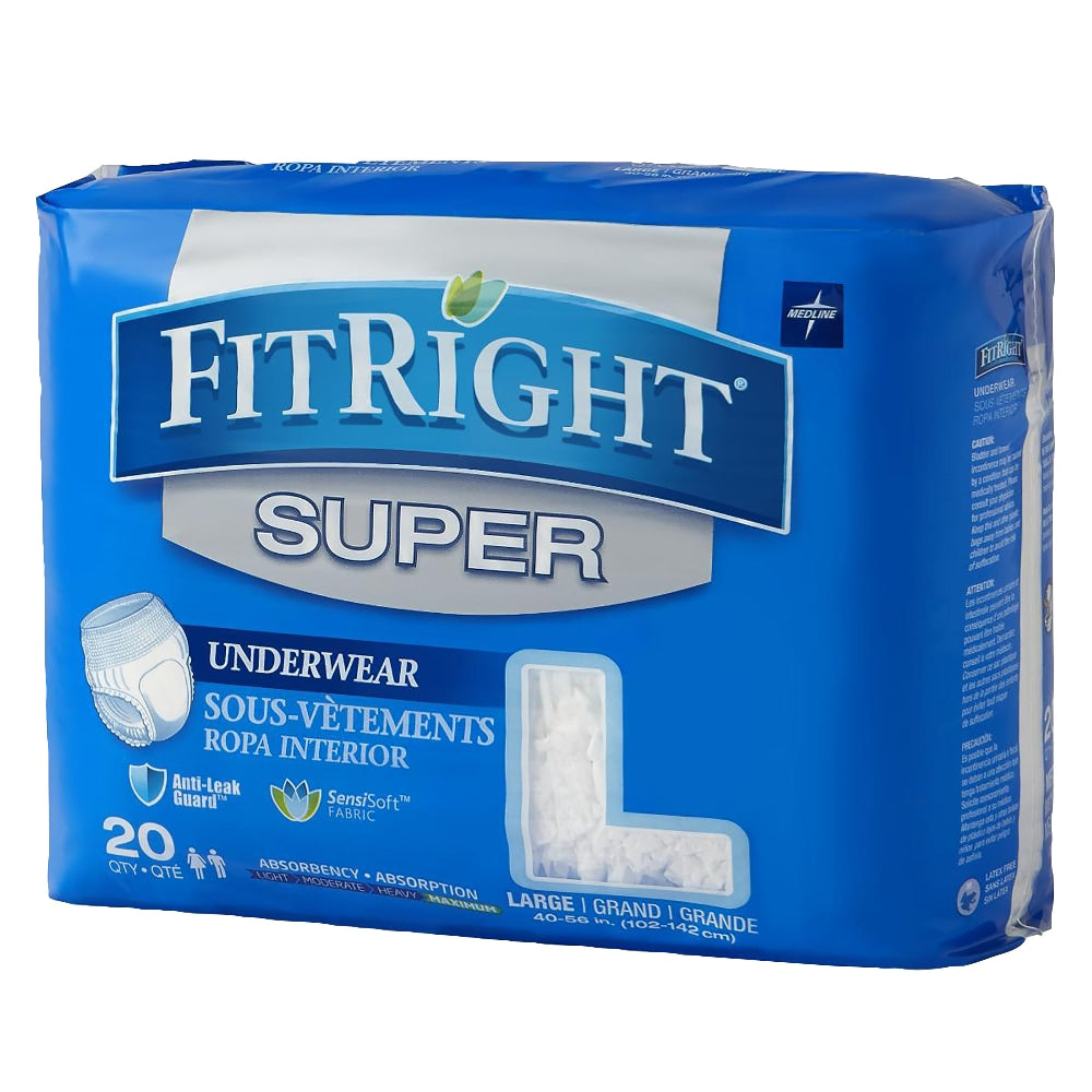 FitRight Super Protective Underwear, Large, 40 - 56in, White, Pack Of 20