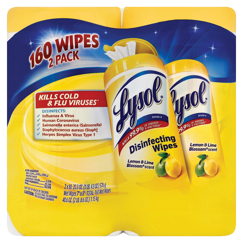 Lysol Disinfecting Wipes, Lemon & Lime Blossom Scent, 7in x 8in, 80 Sheets Per Canister, Case Of 2 Canisters