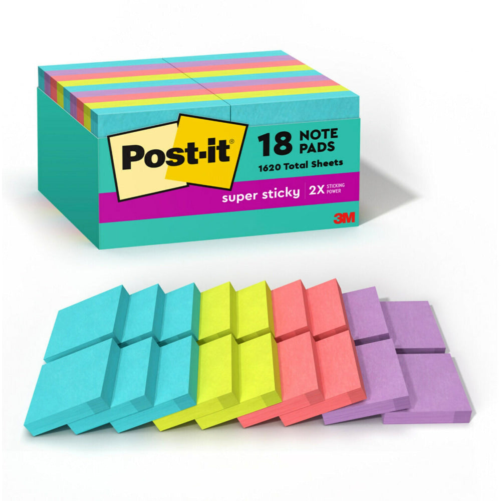 Post-it Super Sticky Notes, 1-7/8 in x 1-7/8 in, 18 Pads, 90 Sheets/Pad, 2x the Sticking Power, Supernova Neons Collection