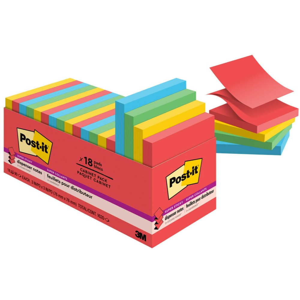 Post-it Super Sticky Dispenser Notes, 1800 Total Notes, Pack Of 18 Pads, 3in x 3in, Playful Primaries Collection, 100 Notes Per Pad