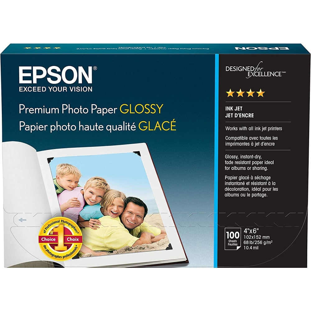 Epson Premium Glossy Photo Paper, 4in x 6in, Pack Of 100 Sheets (S041727)