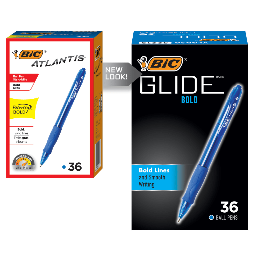 BIC Glide Bold Ballpoint Pens, Bold Point, 1.6 mm, Translucent Barrel, Blue Ink, Pack Of 36