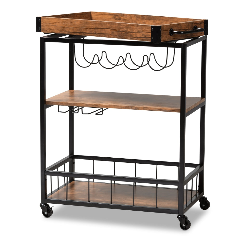 Baxton Studio Cerne Mobile Bar Cart With Wine Bottle Rack, 35-7/16in x 31-1/2in, Golden Oak/Black