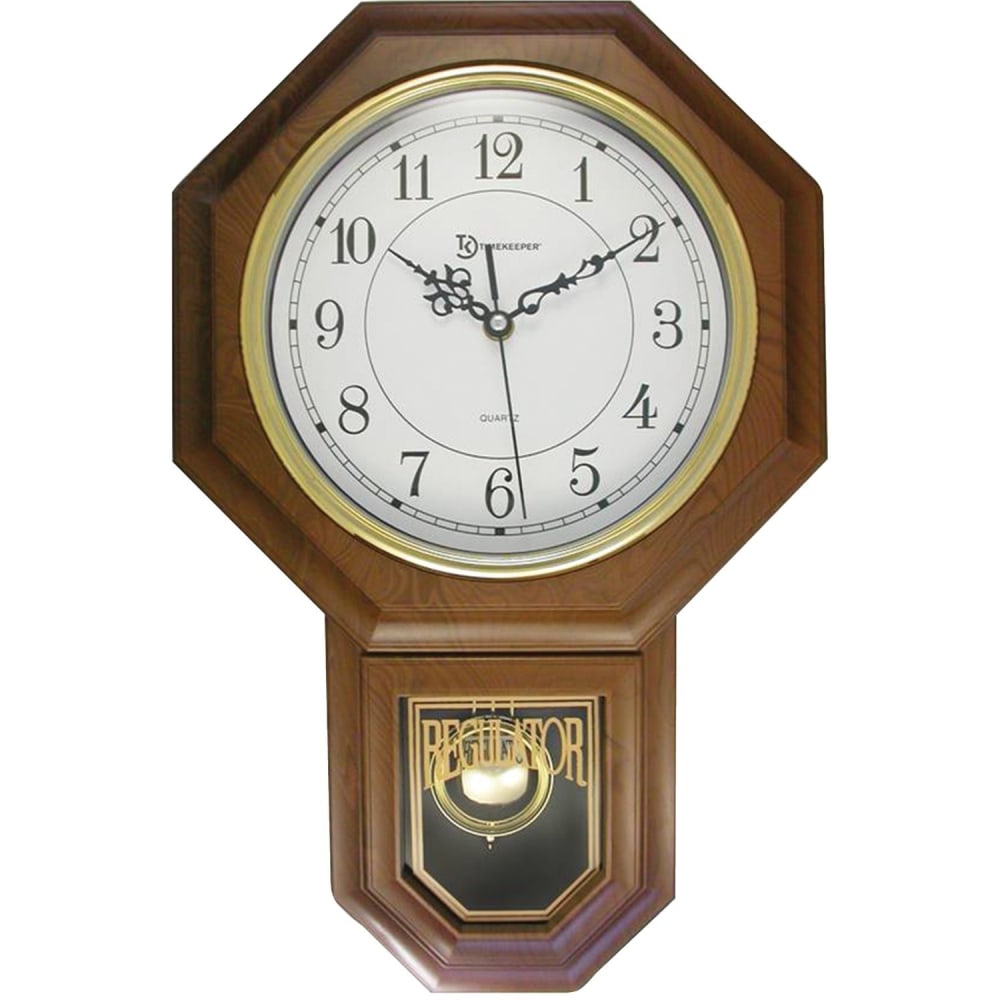 Timekeeper 17.5in x 11.25in Essex Westminster Chime Faux Wood Pendulum Wall Clock, Walnut - Analog - Pendulum - White Main Dial - Walnut/Faux Wood Case, Brown