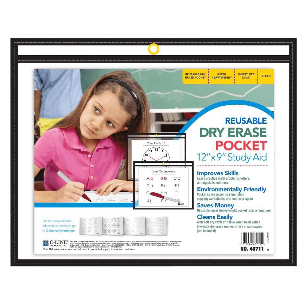 C-Line Reusable Dry-Erase Pockets, 9in x 12in, Clear/Black, Pack Of 30 Pockets