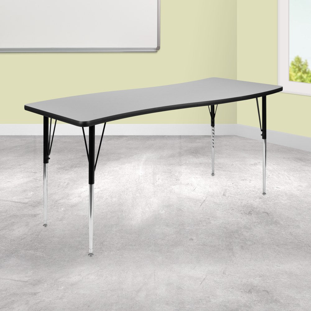 Flash Furniture Rectangle Wave Flexible Collaborative Thermal Laminate Activity Table With Standard Height Adjustable Legs, 30-1/4inH x 26inW x 60inD, Gray