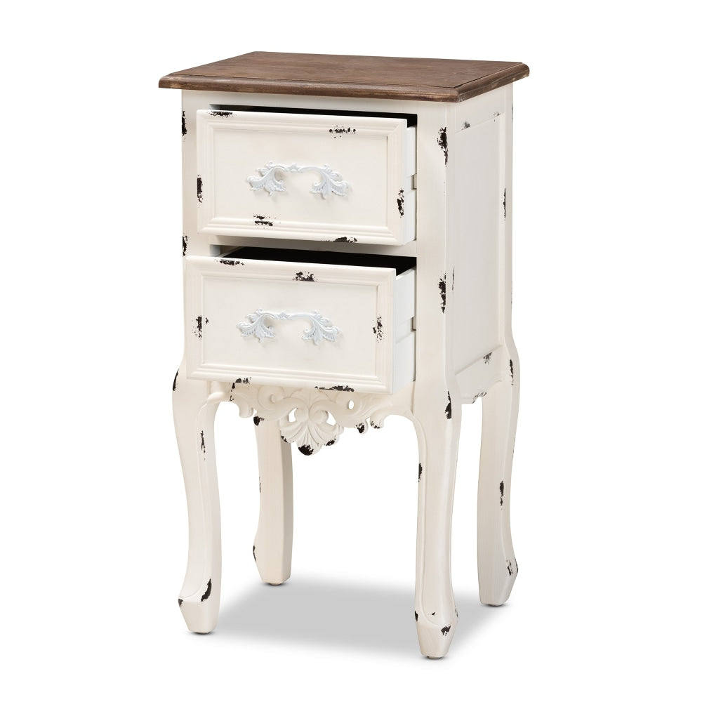 Baxton Studio Levron Nightstand, 2-Drawer, 26-3/4inH x 14-9/16inW x 11-13/16inD, Walnut Brown/Antique White