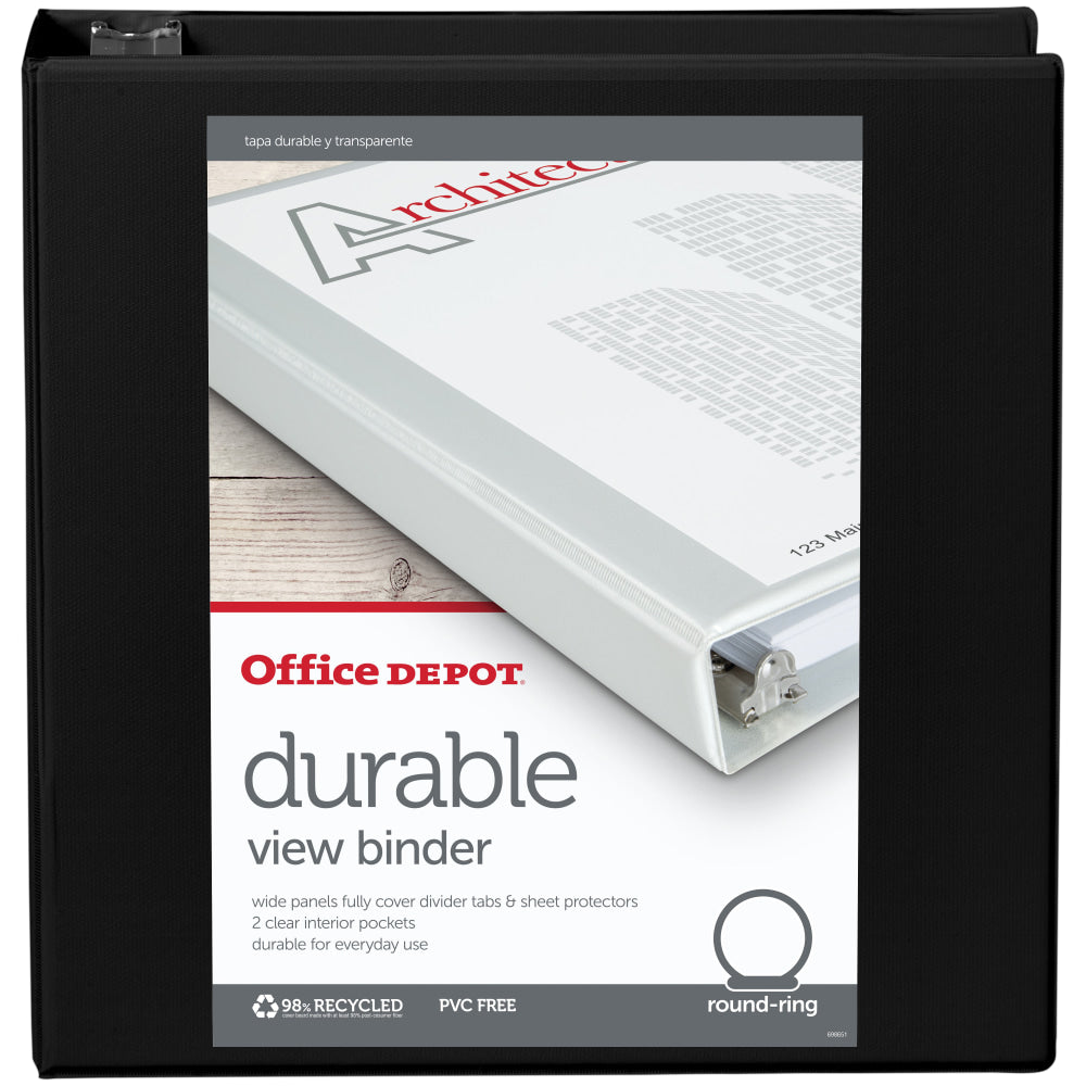 Office Depot Brand Durable View 3-Ring Binder, 2in Round Rings, Black