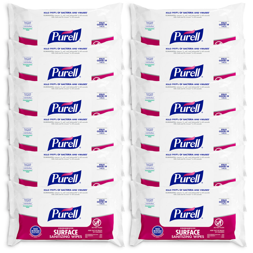 Purell Foodservice Surface Sanitizing Wipes, Fragrance Free, 7-7/16in x 9in, White, 72 Wipes Per Flowpack, Case Of 12 Packs