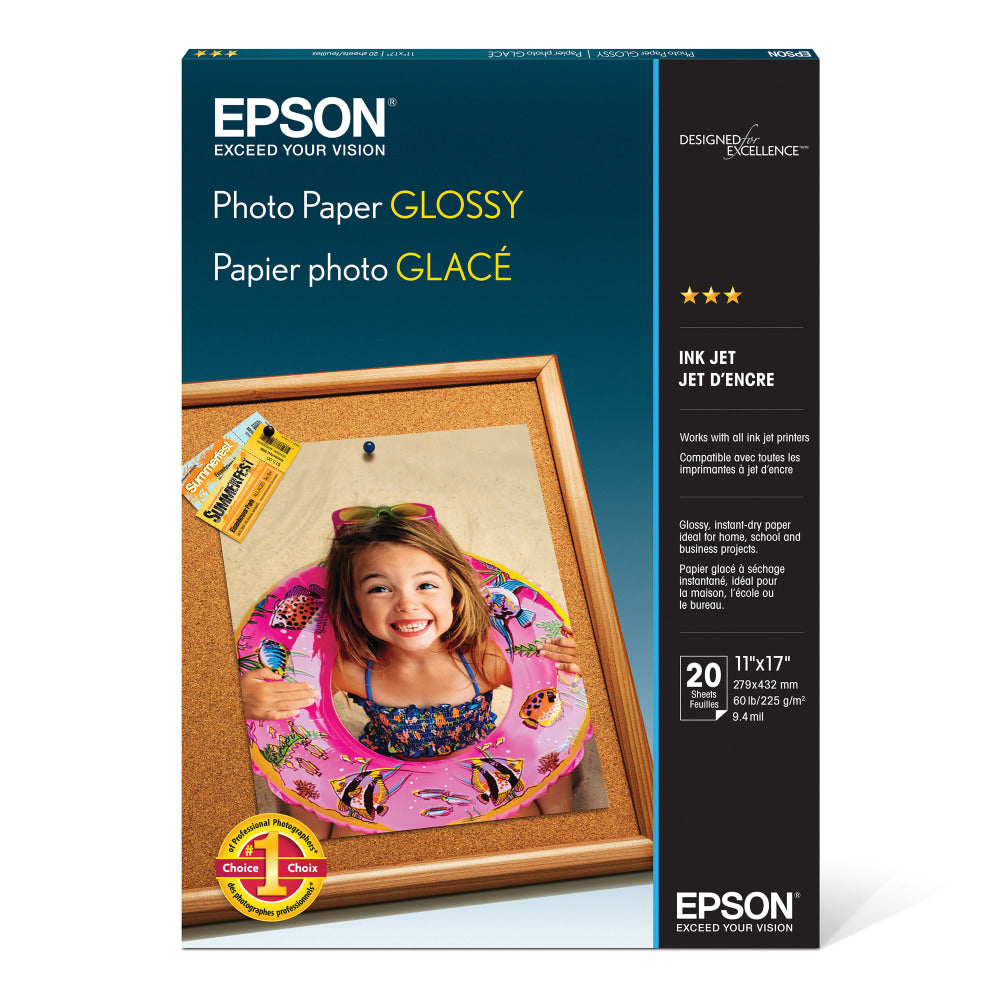 Epson Glossy Photo Paper, Ledger Size (11in x 17)", Pack Of 20 Sheets