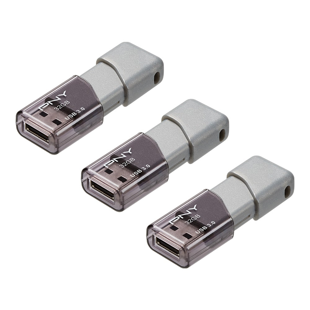 PNY Turbo Attache 3 USB 3.0 Flash Drives, 32GB, Silver, Pack Of 3 Drives