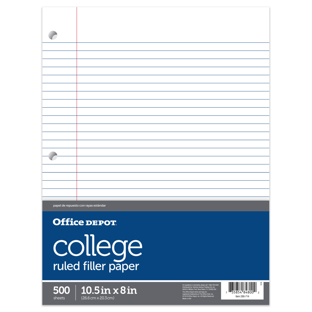 Office Depot Brand Notebook Filler Paper, College Ruled, 8in x 10 1/2in, White, Pack Of 500 Sheets