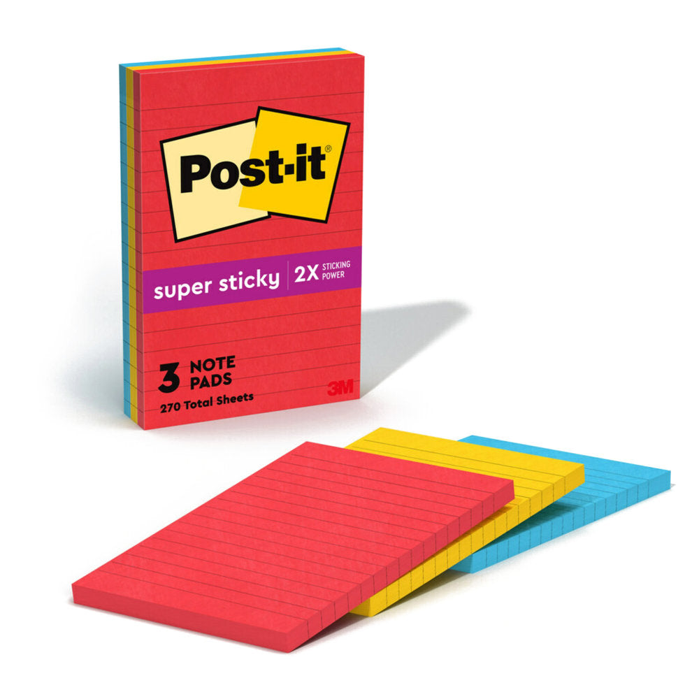 Post-it Super Sticky Notes, 4in x 6in, Playful Primaries Collection, Lined, Pack Of 3 Pads