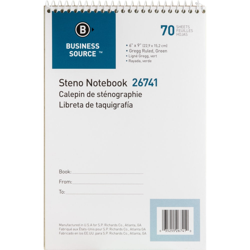 Business Source Steno Notebook - 70 Sheets - Wire Bound - Gregg Ruled Margin - 15 lb Basis Weight - 6in x 9in - Green Paper - Stiff-back - 1 Each