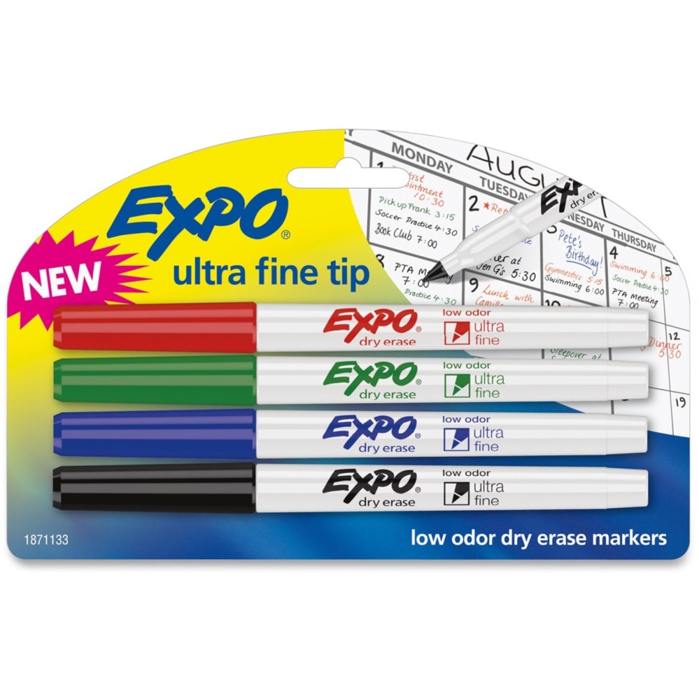 EXPO Low-Odor Dry-Erase Markers, Ultra-Fine Point, Assorted Colors, Pack Of 4