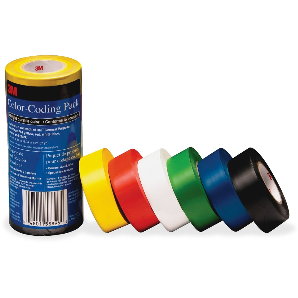 3M Vinyl Tape 764 Color-coding Pack - 21.87 yd Length x 0.94in Width - 5 mil Thickness - Rubber - 4 mil - Polyvinyl Chloride (PVC) Backing - 6 / Pack - Multicolor