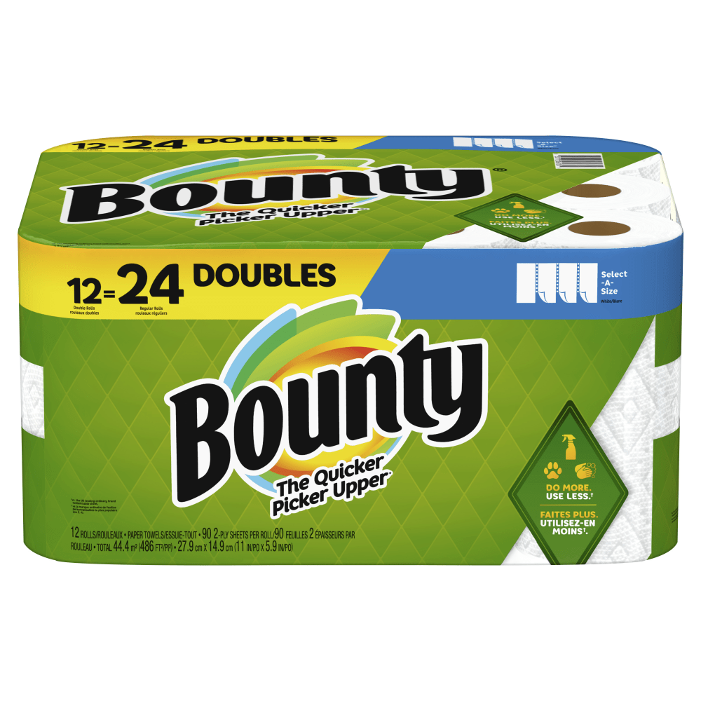 Bounty Select-A-Size 2-Ply Paper Towels, Double Rolls, 6in x 11in, White, 90 Sheets Per Roll, Pack Of 12 Rolls