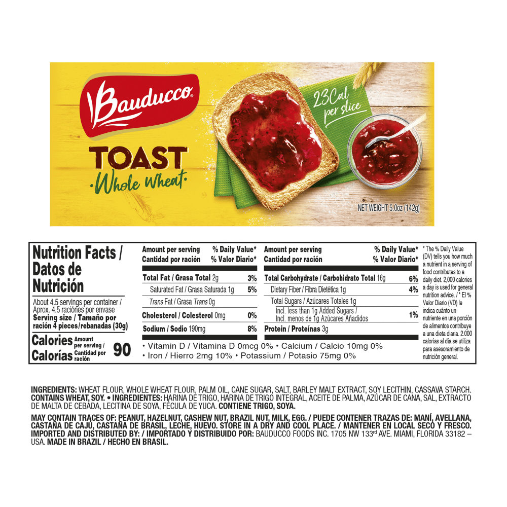 Bauducco Foods Toast, Whole Wheat, 5 Oz, Pack Of 30 Slices