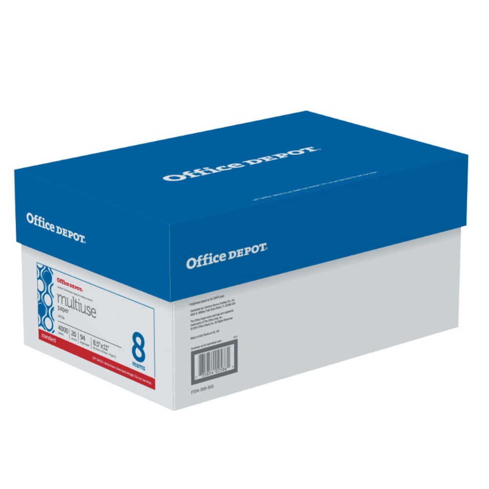 Office Depot Multi-Use Printer & Copy Paper, White, Letter (8.5in x 11in), 4000 Sheets Per Case, 20 Lb, 94 Brightness, Case Of 8 Reams