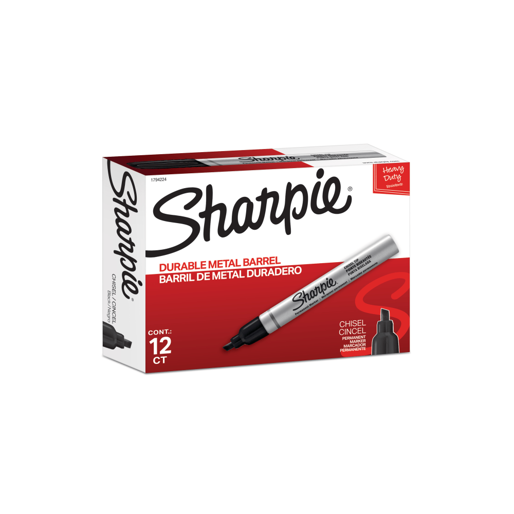 Sharpie Metal Barrel Chisel Permanent Markers, Black Ink, Pack Of 12 Markers