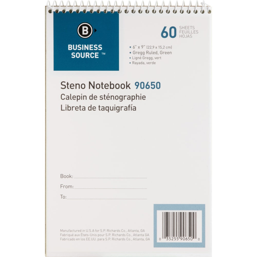 Business Source Steno Notebooks - 60 Sheets - Coilock - Gregg Ruled - 6in x 9in - Green Tint Paper - Stiff-back, Sturdy - 12 / Pack