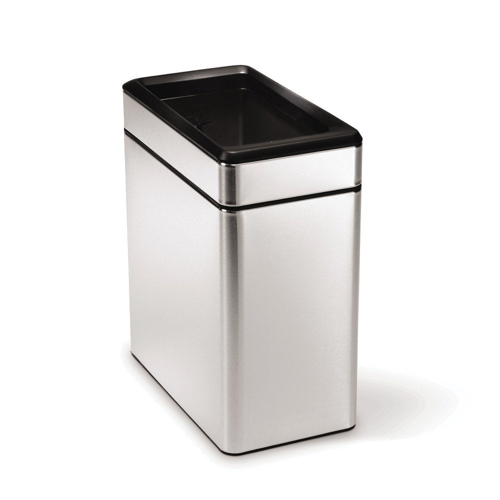 simplehuman Rectangular Open-Top Metal Trash Can, 2.6 Gallons, 13-1/16inH x 6-1/4inW x 11-3/10inD, Brushed Stainless Steel