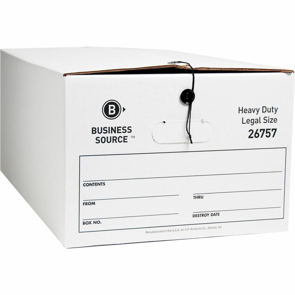 Business Source Heavy Duty Legal Size Storage Box - External Dimensions: 15in Width x 24in Depth x 10inHeight - Media Size Supported: Legal - String/Button Tie Closure - Medium Duty - Stackable - White - For File - Recycled - 12 / Carton