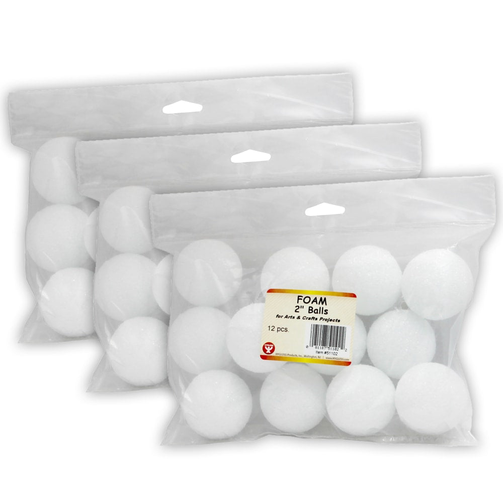 Hygloss Craft Foam Balls, 2 Inch, White, 12 Balls Per Pack, Set Of 3 Packs