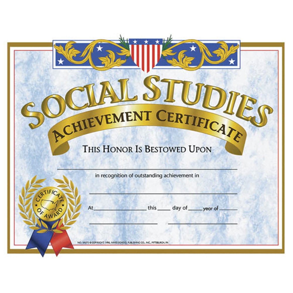 Hayes Certificates, 8-1/2in x 11in, Social Studies Achievement, 30 Certificates Per Pack, Set Of 3 Packs