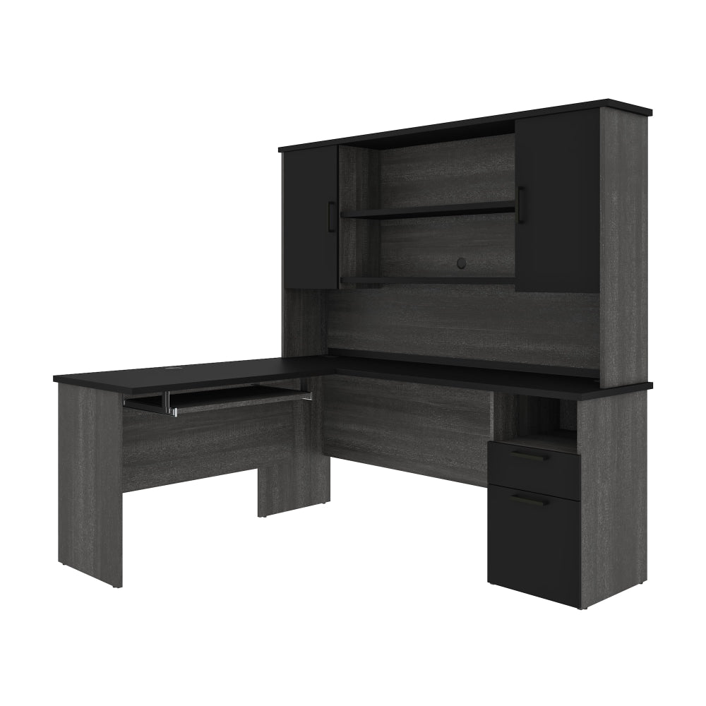 Bestar Norma 71inW L-Shaped Corner Desk With Hutch, Black/Bark Gray